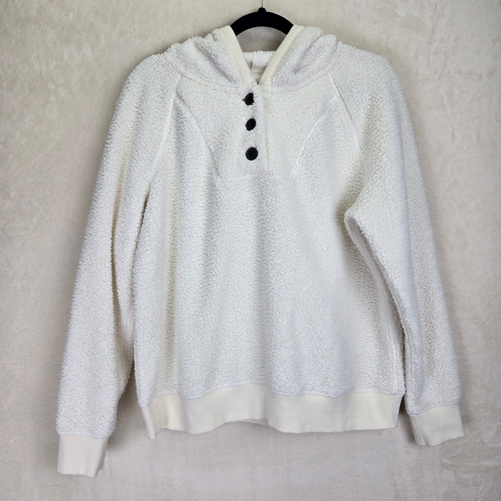 Lucky Brand Women Sherpa Quarter Button Hoodie Large Cream Cozy Cottagecore Boho